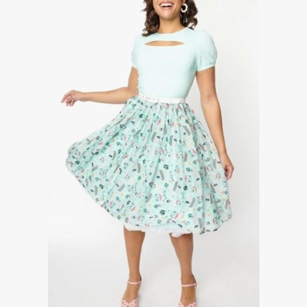 Unique Vintage Pinup Cafe Paris Novelty Print Dress 4X Mint Green Retro Cottage